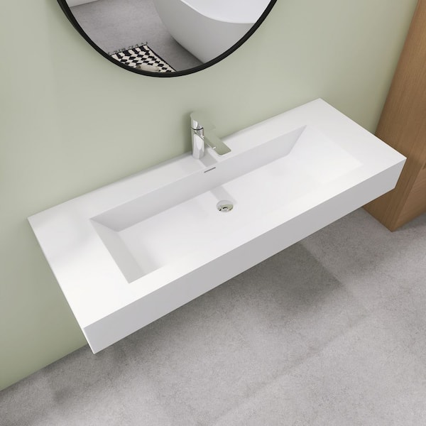 SJ STAR&JANE 48 in. x 18 in. x 6 in. Wall Mounted Bathroom Sink, Solid Surface Rectangle Vessel Sink in White