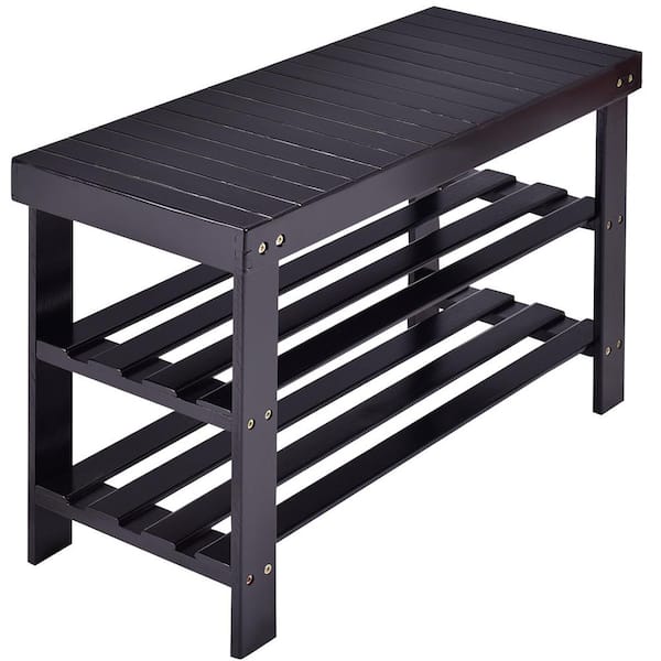 18 in. H x 28 in. W 8-Pair Black Bamboo Shoe Storage Bench Rack Organizer