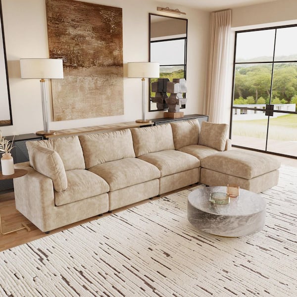 100 in. Square Arm 5-Piece Chenille L-Shaped Sectional Sofa Rearrangeable Solid Wood Cloud Couch in. Khaki with Ottoman
