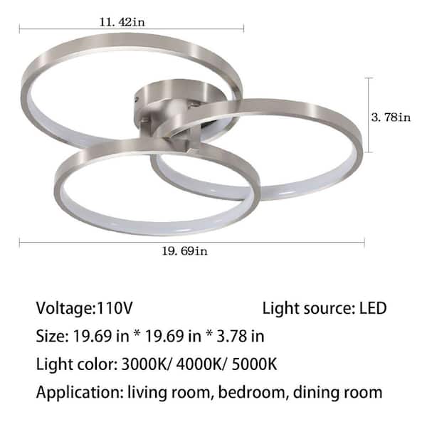 3 Ring Design 19.69 in. 1-Light Chrome LED Semi-Flush Mount Ceiling Lamp