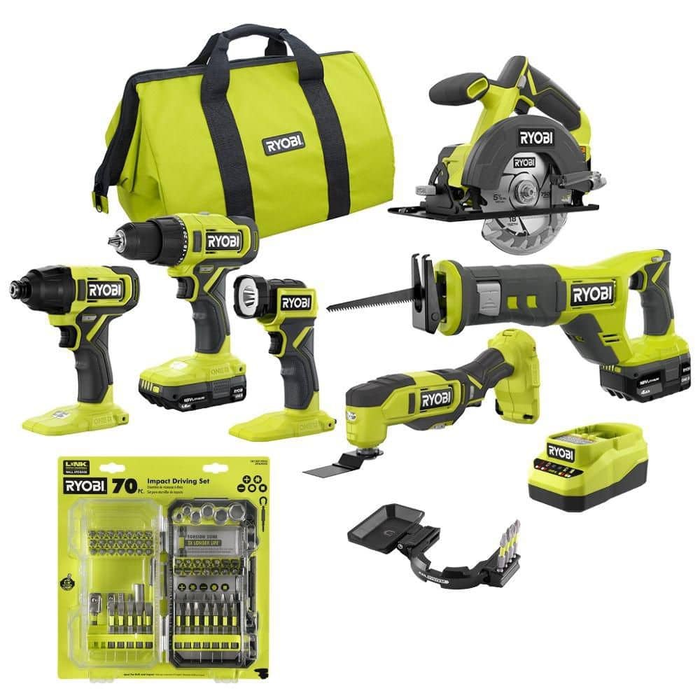 Ryobi ONE+ 18V Cordless 6-Tool Combo Kit with (2) Batteries, Charger, Impact Rated Driving Set (70-Piece), and Accessories