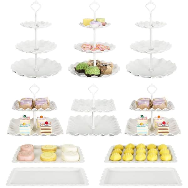 10-Piece Dessert Table Display Set, 3-Piece Beige 3-Tier Cake Stand and  2-Tier Cake Stand, 4-Piece Serving Trays