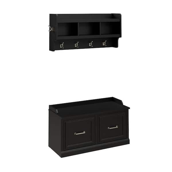 Woodland 21.02 in. H x 39.72 in. W Black Suede Oak Shoe Storage Bench with Wall Mounted Coat Rack