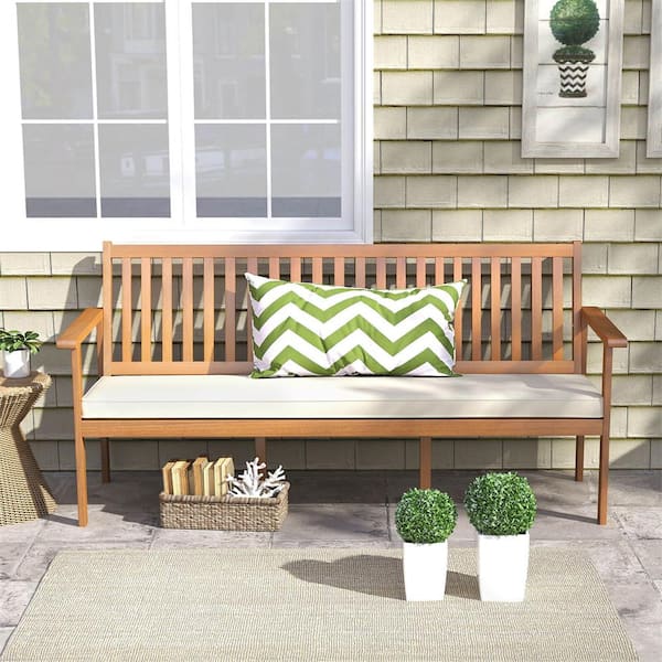 Costway 3-Person Wood Outdoor Bench with Off White Seat Cushion