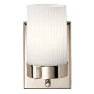 Ciona 9 in. 1-Light Polished Nickel Bathroom Indoor Wall Sconce Light with Round Ribbed Glass