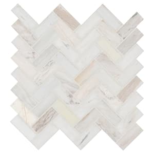 Angora Herringbone 12 in. x 14 in. x 0.38 in. Polished Marble Mesh-Mounted Mosaic Tile (1 sq.ft./Each)