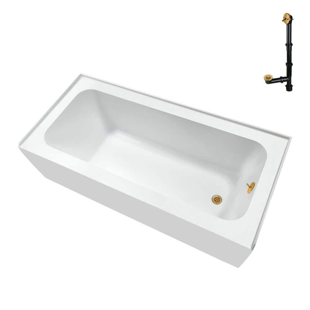 Glossy White Acrylic Alcove Bathtub with Brushed Gold Drain