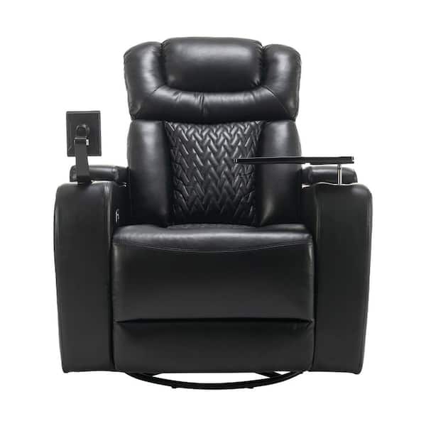 270 Degree Swivel Black PU Leather Recliner with Phone and Cup Holder, Hidden Arm Storage and USB Port