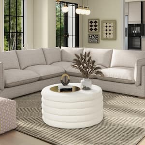 Fuji 36 in. Round Polyester Upholstered Storage Cocktail Ottoman, Ivory White Boucle