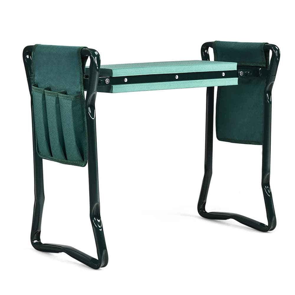 Green and Beige Metal Folding Garden Kneeler Seat Bench with Tool Pouches