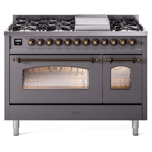 Nostalgie II 48 in. 8-Burner Plus Griddle Double Oven Natural Gas Dual Fuel Range in Graphite Matte with Bronze Trim
