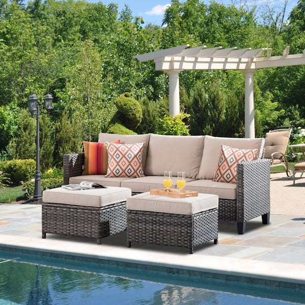 XIZZI Megon Holly Gray 3-Piece Wicker Outdoor Patio Conversation Seating Sofa Set with Beige Cushions