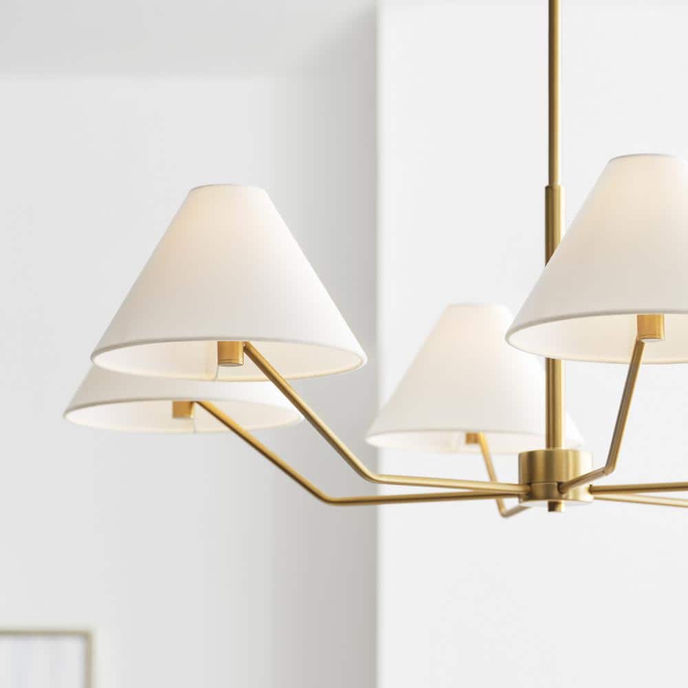 Elegant Mid-Century Satin Brass 6-Light Chandelier with White Linen Shade