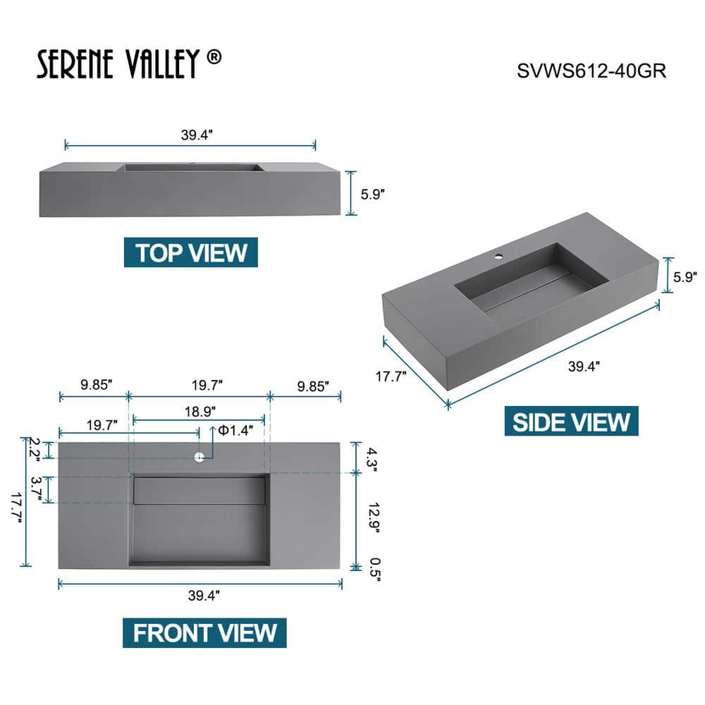 40" Matte Gray Rectangular Wall-Mount Solid Surface Vessel Sink