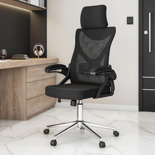 TECHNI MOBILI Mesh Lumbar Support and Adjustable Headrest Ergonomic Office Chair in Black with Flip-Up Arms