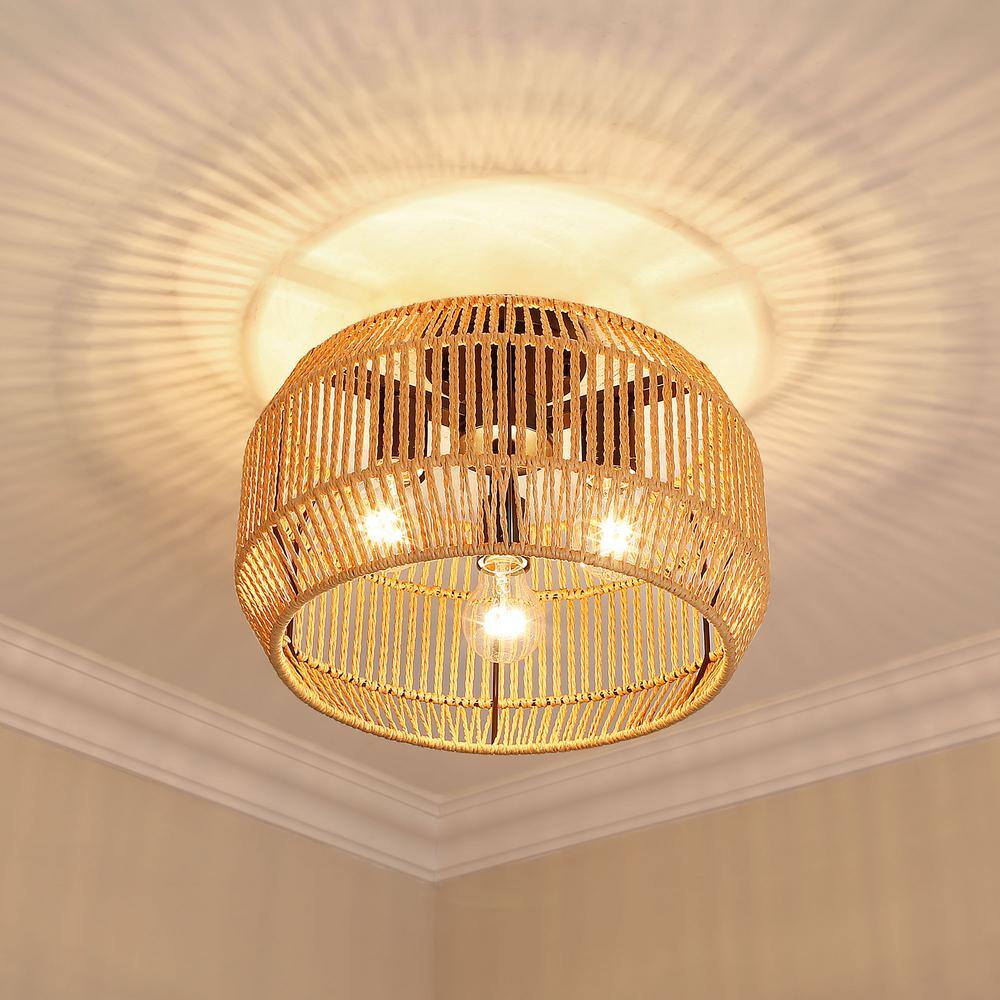 Matte Black and Natural Rope 14" Drum Semi-Flush Mount Light