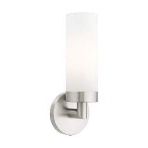 Aspen 11.75 in. 1-Light Brushed Nickel ADA Wall Sconce with Satin Opal White Glass