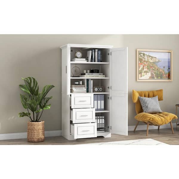 Unbranded 32 in. W x 20 in. D x 62 in. H White MDF Freestanding Linen Cabinet with Drawers