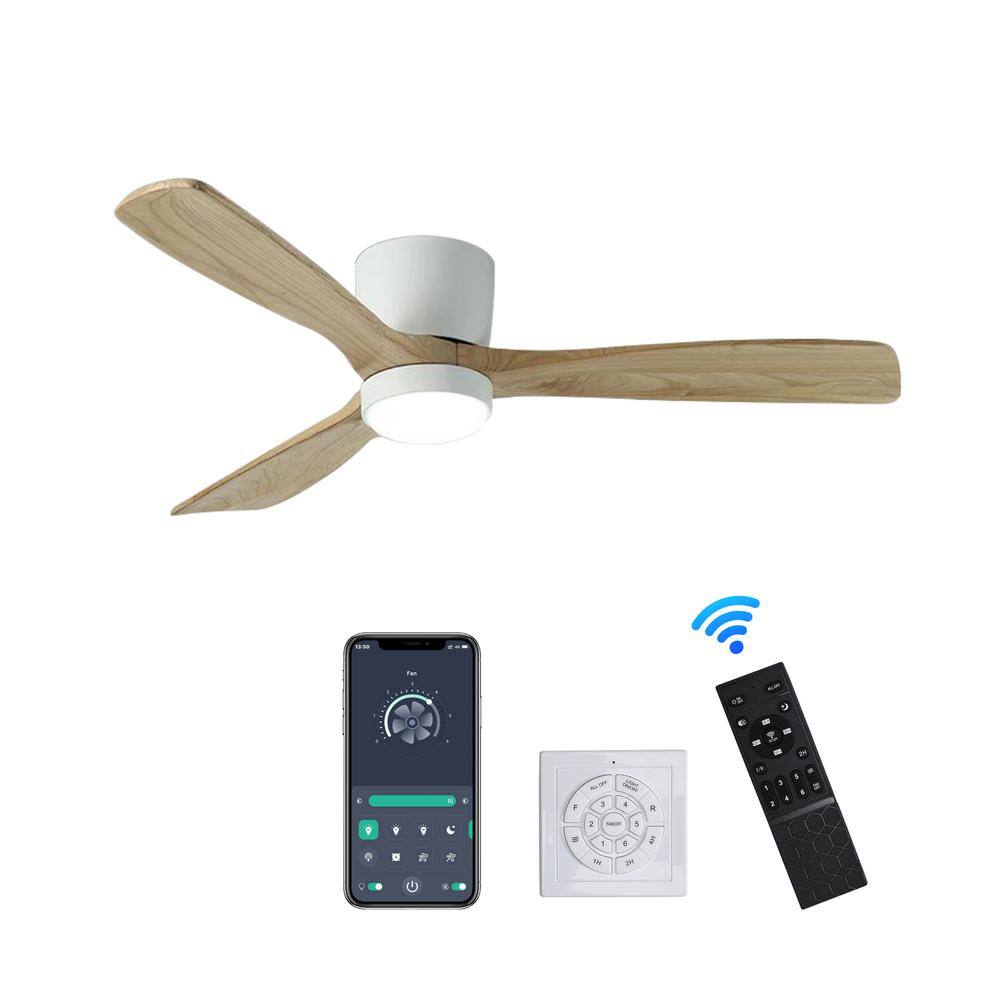 52 in. Indoor/Outdoor White Modern Flush Mount LED Ceiling Fan with App, Wa