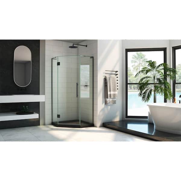 Prism Plus 36 in. x 36 in. x 74.75 in. Semi Frameless Neo Angle Hinged Shower Enclosure in Matte Black with Shower Base