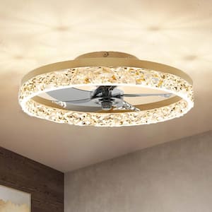 Catilato 16 in. 20 in. Indoor Brass 32W Dimmable Crystal LED Ceiling Fan with Light and Remote for Low Profile Bedroom