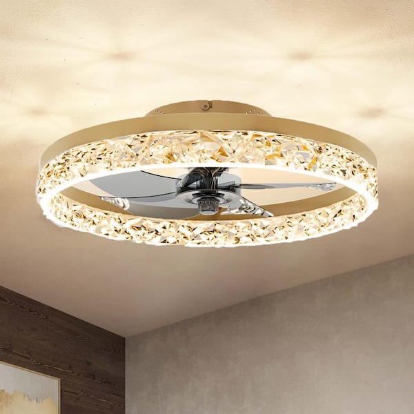 EAQUIL Catilato 16 in. 20 in. Indoor Brass 32W Dimmable Crystal LED Ceiling Fan with Light and Remote for Low Profile Bedroom