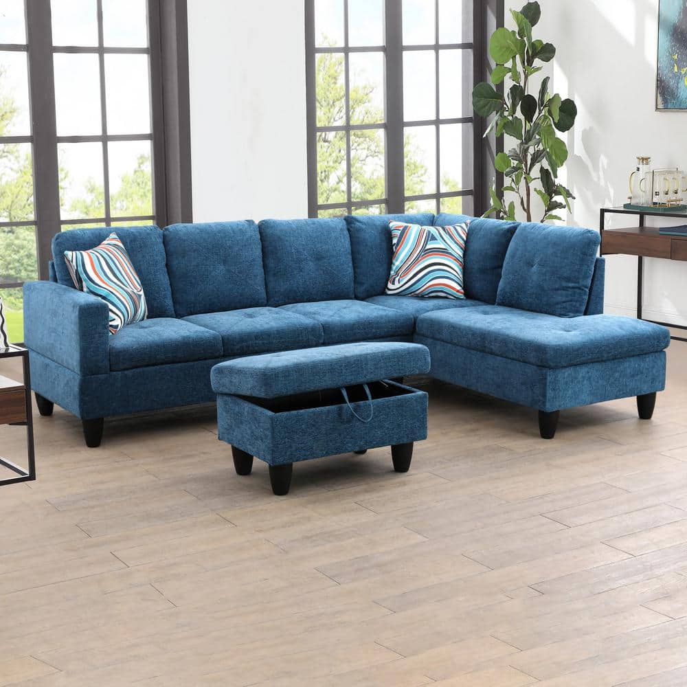 28.5 in. W Blue Linen Rectangle Ottoman with Storage