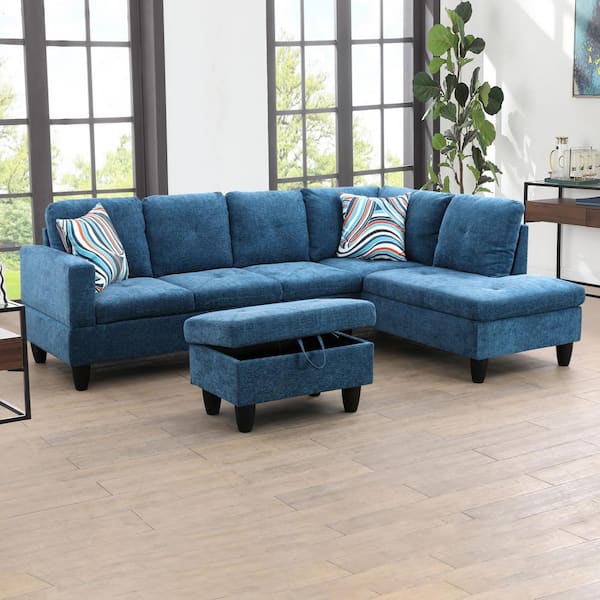 AndMakers 28.5 in. W Blue Linen Rectangle Ottoman with Storage