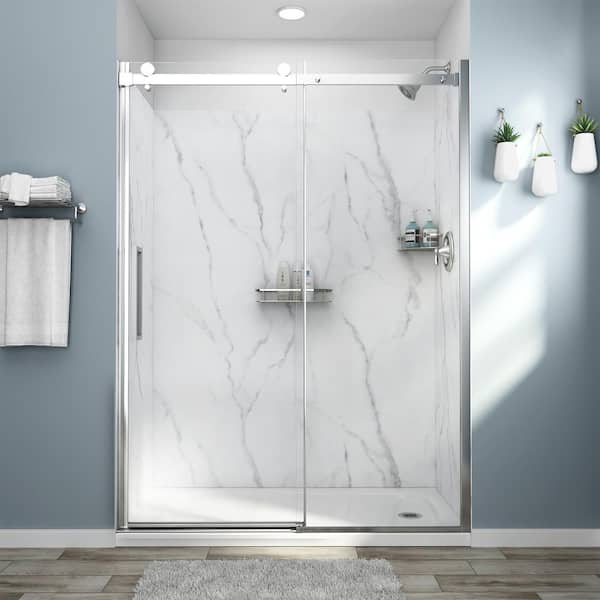 Passage 60 in. x 72 in. 2-Piece Glue-Up Alcove Shower Wall and Base Kit with Right Hand Drain in Serene Marble