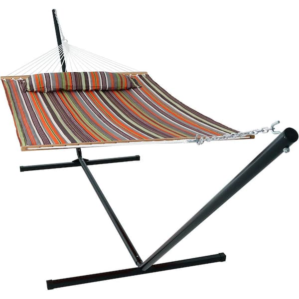 Sunnydaze 10-1/2 ft. Quilted Fabric Hammock with 15 ft. Hammock Stand in Canyon Sunset