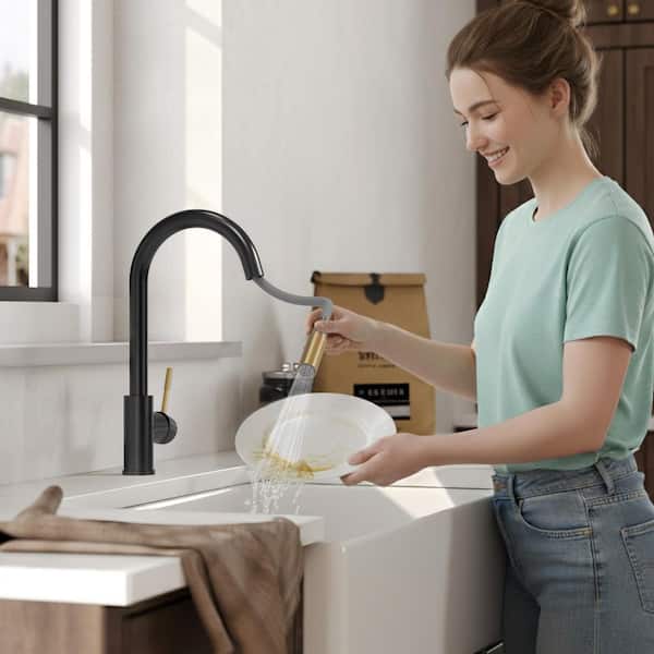 16 in. H 360° Swivel Pull Down Sprayer Kitchen Faucet 2-Sprayer Kitchen Faucet with Brass Rough-in Valve Black and Gold