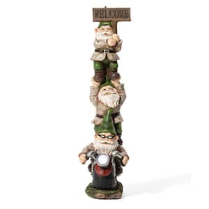 25.5 in. H Outdoor Polyresin Stacked Riding Gnome Garden Statue with Solar Light