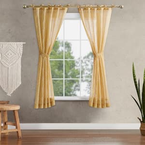 Nora Embroidered 52 in. W x 63 in. L Polyester Faux Linen Sheer Grommet Tiebacks Curtain in Gold (2 Panels)
