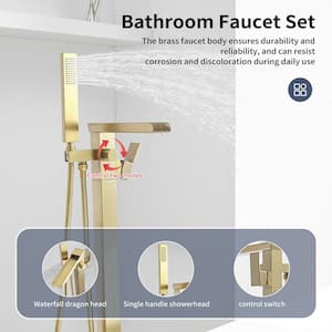 Single-Handle Floor Mount Freestanding Bathtub Faucet Waterfall Tub Filler with Handheld Shower in Brushed Gold