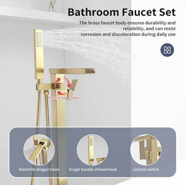 Single-Handle Floor Mount Freestanding Bathtub Faucet Waterfall Tub Filler with Handheld Shower in Brushed Gold