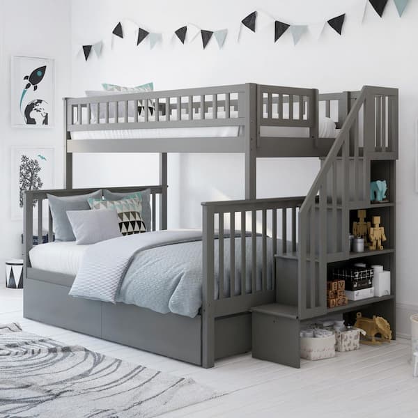 AFI Woodland Staircase Bunk Bed Twin over Full with 2 Urban Bed Drawers in Grey