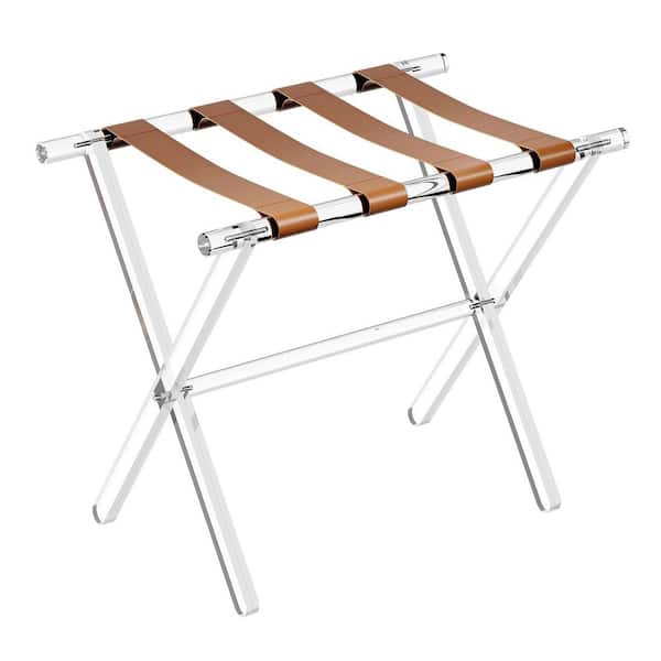 Brown Acrylic Luggage Rack for Guest Room, Foldable Suitcase Stand with Leather Straps, for Bedroom, Living Room