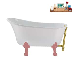 51 in. x 25.6 in. Acrylic Clawfoot Soaking Bathtub in Glossy White with Matte Pink Clawfeet and Polished Gold Drain