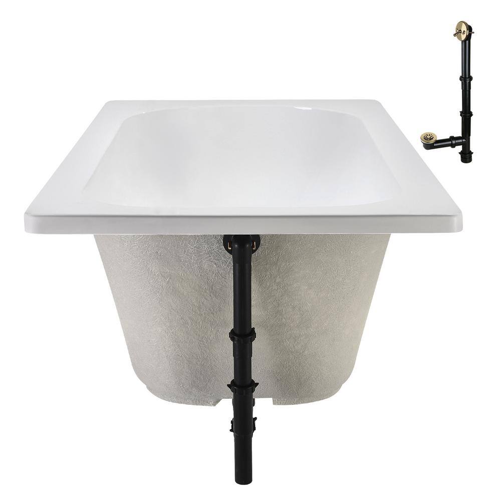 60" x 32" Glossy White Acrylic Soaking Drop-In Bathtub with Polished Brass Drain