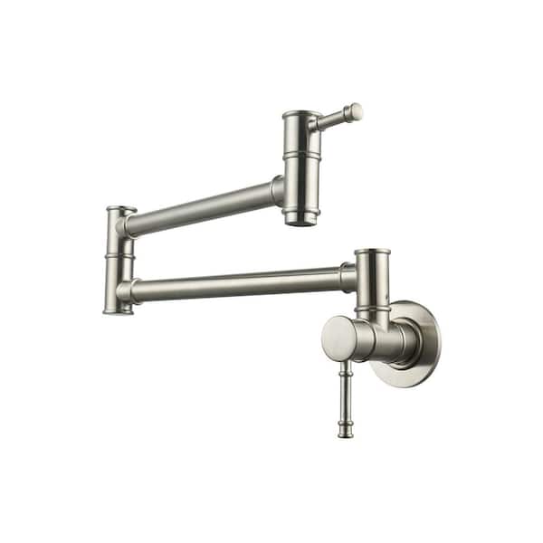 WOWOW 23.5-inch Wall Mount Folding Stretchable Pot Filler with Double Handle in Brushed Nickel