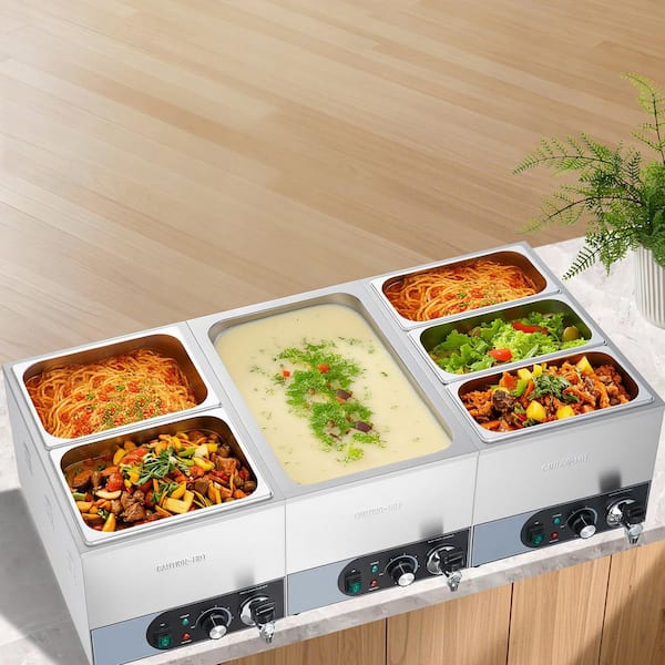 Commercial Food Warmer, Fast Heating Countertop Buffet Bain Marie with Power Cord, 1,200W Electric Stainless Steel Steam