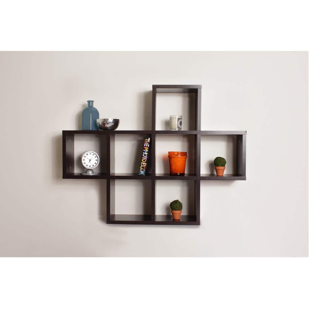 Espresso Wood Floating Cube Wall Shelf, 38 in