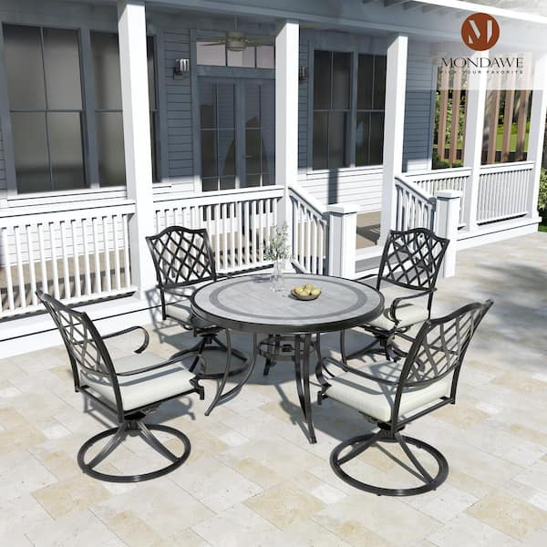 Dark Bronze 48 in. W Classic Pattern Tile Round Cast Aluminum Outdoor Dining Table with Umbrella Hole for Porch