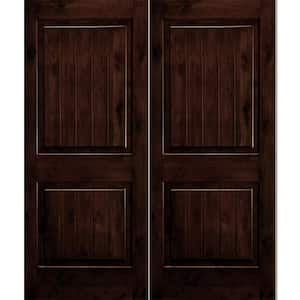 60 in. x 80 in. Rustic Knotty Alder Square Top Red Mahogony Stain/V-Groove Left-Hand Wood Double Prehung Front Door
