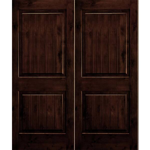 Krosswood Doors 64 in. x 96 in. Rustic Knotty Alder Square Top Red Mahogony Stain/V-Groove Left-Hand Wood Double Prehung Front Door