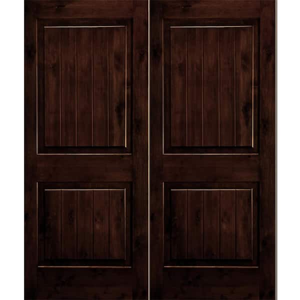 Krosswood Doors 72 in. x 80 in. Rustic Knotty Alder Square Top Red Mahogony Stain/V-Groove Right-Hand Wood Double Prehung Front Door