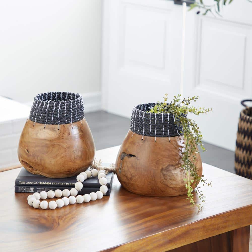 Handmade Teak Wood Vases with Black Seagrass Accents, Set of 2