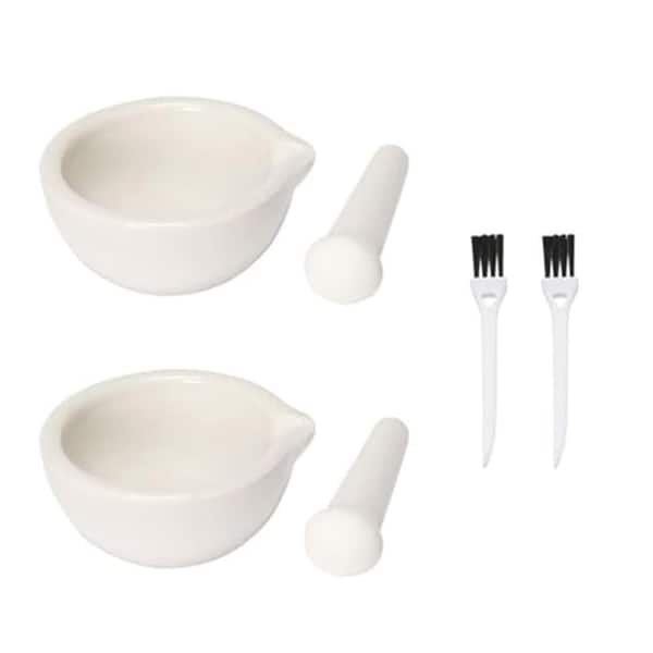 Ceramic Mortar and Pestle Set White Spice Grinder Bowl with Brush Kitchen Seasoning Mill Pill Crusher 2 Pack