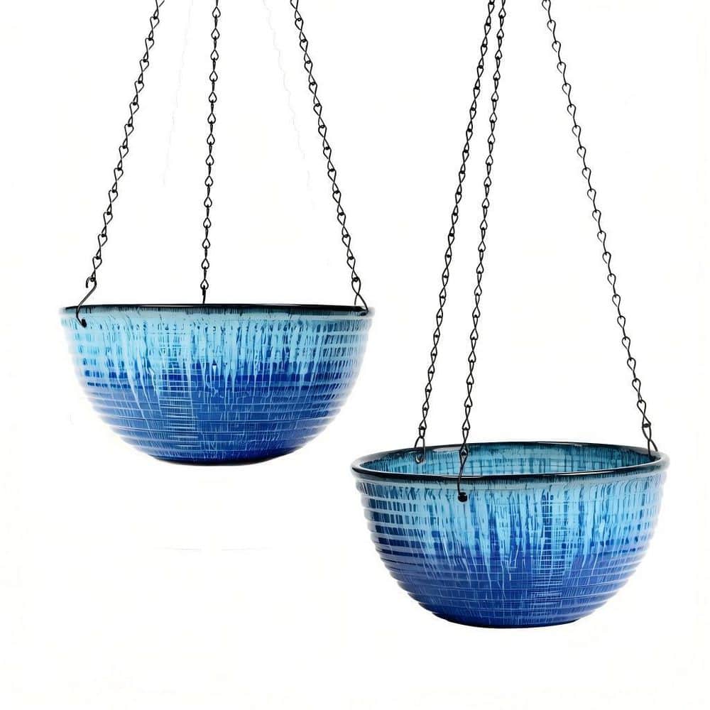 OGETFUUR 2-Pack Blue Glaze Plastic Round Hanging Planter Baskets with Drainage Holes, Decorative Hanging Flower Pots
