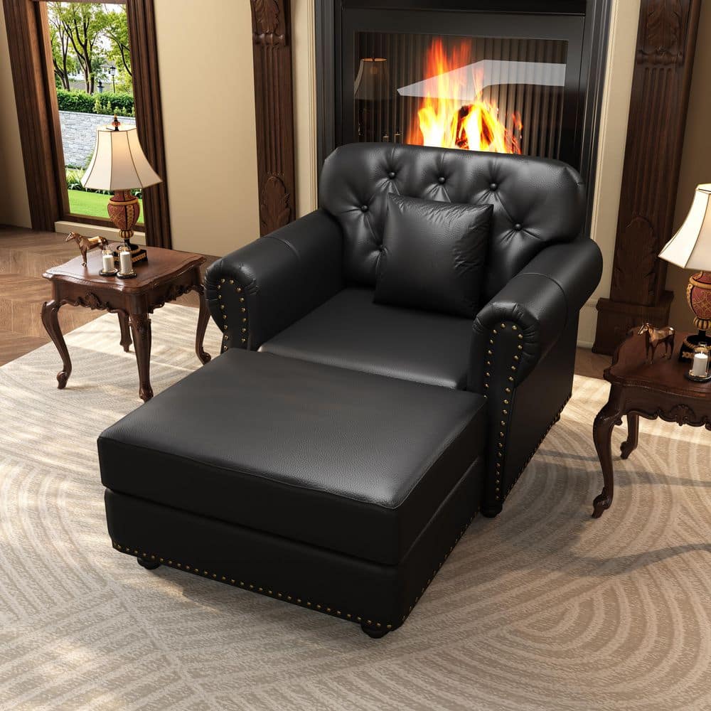 Harrison 41.3 in. Rolled Arm Faux Leather Rectangle Arm Chair Single Sofa with Ottoman in Black price history on PriceWatchPro